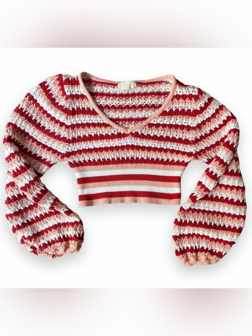 Altar'd State Striped V-Neck Cropped Sweater in Red & Pink Sz S